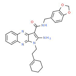 ChemSpider 2D Image | 2-Amino-N-(1,3-benzodioxol-5-ylmethyl)-1-[2-(1-cyclohexen-1-yl)ethyl]-1H-pyrrolo[2,3-b]quinoxaline-3-carboxamide | C27H27N5O3