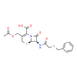 ChemSpider 2D Image | (6R,7R)-3-(Acetoxymethyl)-7-{[(benzylsulfanyl)acetyl]amino}-8-oxo-5-thia-1-azabicyclo[4.2.0]oct-2-ene-2-carboxylic acid | C19H20N2O6S2