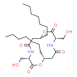 ChemSpider 2D Image | (3S,7R,10S,14R)-7,14-Diheptyl-3,10-bis(hydroxymethyl)-1,8-dioxa-4,11-diazacyclotetradecane-2,5,9,12-tetrone | C26H46N2O8