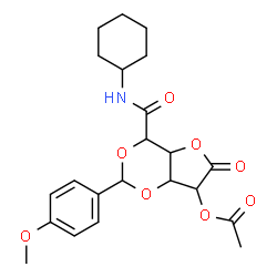 ChemSpider 2D Image | 4-(Cyclohexylcarbamoyl)-2-(4-methoxyphenyl)-6-oxotetrahydro-4H-furo[3,2-d][1,3]dioxin-7-yl acetate | C22H27NO8