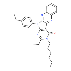 ChemSpider 2D Image | 2-Ethyl-11-(4-ethylphenyl)-3-hexyl-3,11-dihydro-4H-pyrimido[5',4':4,5]pyrrolo[2,3-b]quinoxalin-4-one | C28H31N5O