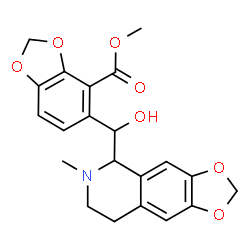 ChemSpider 2D Image | Methyl 5-[hydroxy(6-methyl-5,6,7,8-tetrahydro[1,3]dioxolo[4,5-g]isoquinolin-5-yl)methyl]-1,3-benzodioxole-4-carboxylate | C21H21NO7