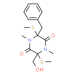 ChemSpider 2D Image | 3-Benzyl-6-(hydroxymethyl)-1,4-dimethyl-3,6-bis(methylsulfanyl)-2,5-piperazinedione | C16H22N2O3S2