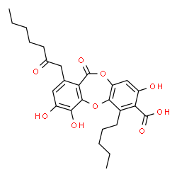 ChemSpider 2D Image | 3,4,8-Trihydroxy-11-oxo-1-(2-oxoheptyl)-6-pentyl-11H-dibenzo[b,e][1,4]dioxepine-7-carboxylic acid | C26H30O9