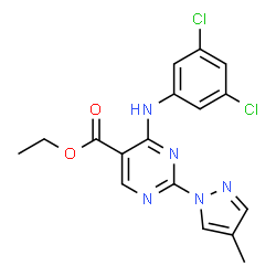 ChemSpider 2D Image | Ethyl 4-[(3,5-dichlorophenyl)amino]-2-(4-methyl-1H-pyrazol-1-yl)-5-pyrimidinecarboxylate | C17H15Cl2N5O2