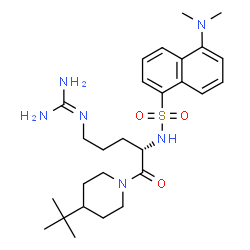 ChemSpider 2D Image | N-{(2S)-5-[(Diaminomethylene)amino]-1-[4-(2-methyl-2-propanyl)-1-piperidinyl]-1-oxo-2-pentanyl}-5-(dimethylamino)-1-naphthalenesulfonamide | C27H42N6O3S