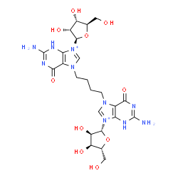 ChemSpider 2D Image | 7,7'-(1,4-Butanediyl)bis{2-amino-9-[(2R,3R,4S,5R)-3,4-dihydroxy-5-(hydroxymethyl)tetrahydro-2-furanyl]-6-oxo-6,7-dihydro-3H-purin-9-ium} | C24H34N10O10