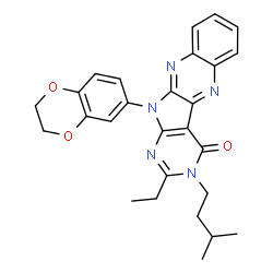 ChemSpider 2D Image | 11-(2,3-Dihydro-1,4-benzodioxin-6-yl)-2-ethyl-3-(3-methylbutyl)-3,11-dihydro-4H-pyrimido[5',4':4,5]pyrrolo[2,3-b]quinoxalin-4-one | C27H27N5O3
