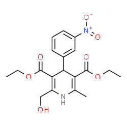 ChemSpider 2D Image | Diethyl 2-(hydroxymethyl)-6-methyl-4-(3-nitrophenyl)-1,4-dihydro-3,5-pyridinedicarboxylate | C19H22N2O7