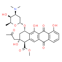 ChemSpider 2D Image | Methyl (1R,2S,4S)-2,5,7-trihydroxy-6,11-dioxo-2-(2-oxopropyl)-4-{[2,3,6-trideoxy-3-(dimethylamino)-alpha-L-lyxo-hexopyranosyl]oxy}-1,2,3,4,6,11-hexahydro-1-tetracenecarboxylate | C31H35NO11