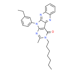 ChemSpider 2D Image | 11-(3-Ethylphenyl)-3-heptyl-2-methyl-3,11-dihydro-4H-pyrimido[5',4':4,5]pyrrolo[2,3-b]quinoxalin-4-one | C28H31N5O