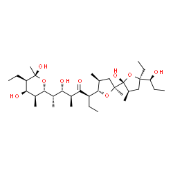 ChemSpider 2D Image | (5R)-2,4-Dideoxy-2-ethyl-5-[(2S,3S,4S,6R)-6-{(2S,2'R,3'R,4S,5S,5'R)-5'-ethyl-2'-hydroxy-5'-[(1S)-1-hydroxypropyl]-2,3',4-trimethyloctahydro-2,2'-bifuran-5-yl}-3-hydroxy-4-methyl-5-oxo-2-octanyl]-4-met
hyl-1-C-methyl-alpha-D-ribopyranose | C34H62O9