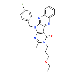ChemSpider 2D Image | 3-(3-Ethoxypropyl)-11-(4-fluorobenzyl)-2-methyl-3,11-dihydro-4H-pyrimido[5',4':4,5]pyrrolo[2,3-b]quinoxalin-4-one | C25H24FN5O2