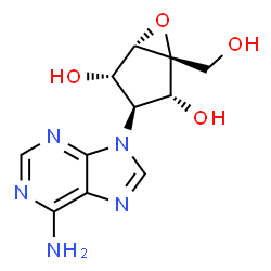 ChemSpider 2D Image | (1R,2R,3S,4S,5S)-3-(6-Amino-9H-purin-9-yl)-1-(hydroxymethyl)-6-oxabicyclo[3.1.0]hexane-2,4-diol | C11H13N5O4