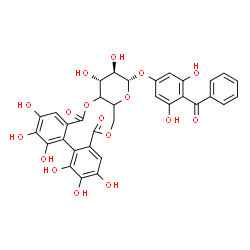 ChemSpider 2D Image | (13S,14R,15R)-13-(4-Benzoyl-3,5-dihydroxyphenoxy)-2,3,4,5,6,7,14,15-octahydroxy-11,11a,13,14,15,15a-hexahydrodibenzo[g,i]pyrano[3,2-b][1,5]dioxacycloundecine-9,17-dione | C33H26O17