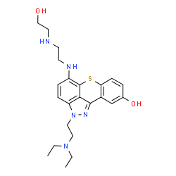 ChemSpider 2D Image | 2-[2-(Diethylamino)ethyl]-5-({2-[(2-hydroxyethyl)amino]ethyl}amino)-2H-thiochromeno[4,3,2-cd]indazol-9-ol | C23H31N5O2S