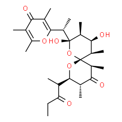 ChemSpider 2D Image | (2R,3R,5S,6R,8S,9S,10R,11R)-8,10-Dihydroxy-3,5,9,11-tetramethyl-2-[(2R)-3-oxo-2-pentanyl]-8-[(1S)-1-(3,5,6-trimethyl-4-oxo-4H-pyran-2-yl)ethyl]-1,7-dioxaspiro[5.5]undecan-4-one | C28H42O8