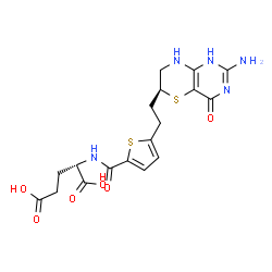 ChemSpider 2D Image | N-[(5-{2-[(6S)-2-Amino-4-oxo-4,6,7,8-tetrahydro-1H-pyrimido[5,4-b][1,4]thiazin-6-yl]ethyl}-2-thienyl)carbonyl]glutamic acid | C18H21N5O6S2