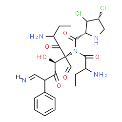 ChemSpider 2D Image | (2R,4R)-N-(2-Aminobutanoyl)-N-[(1E,4S,5S)-7-amino-5-formyl-4-hydroxy-1-imino-3,6-dioxo-2-phenyl-5-nonanyl]-3,4-dichloro-2-pyrrolidinecarboxamide | C25H33Cl2N5O6