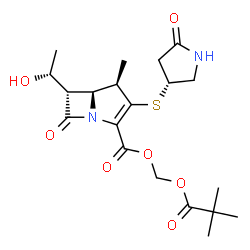 ChemSpider 2D Image | [(2,2-Dimethylpropanoyl)oxy]methyl (4R,5S,6S)-6-[(1R)-1-hydroxyethyl]-4-methyl-7-oxo-3-{[(3R)-5-oxo-3-pyrrolidinyl]sulfanyl}-1-azabicyclo[3.2.0]hept-2-ene-2-carboxylate | C20H28N2O7S