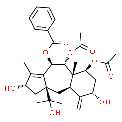 ChemSpider 2D Image | (2S,3aS,4aR,6S,8S,8aS,9R,10R)-8,9-Diacetoxy-2,6-dihydroxy-3a-(2-hydroxy-2-propanyl)-1,8a-dimethyl-5-methylene-2,3,3a,4,4a,5,6,7,8,8a,9,10-dodecahydrobenzo[f]azulen-10-yl benzoate | C31H40O9