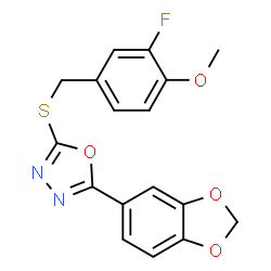 ChemSpider 2D Image | 2-(1,3-Benzodioxol-5-yl)-5-[(3-fluoro-4-methoxybenzyl)sulfanyl]-1,3,4-oxadiazole | C17H13FN2O4S