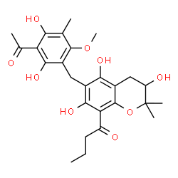 ChemSpider 2D Image | 1-[6-(3-Acetyl-2,4-dihydroxy-6-methoxy-5-methylbenzyl)-3,5,7-trihydroxy-2,2-dimethyl-3,4-dihydro-2H-chromen-8-yl]-1-butanone | C26H32O9