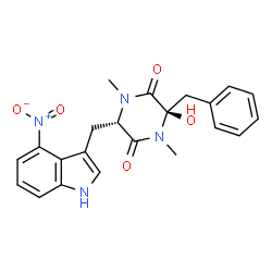 ChemSpider 2D Image | (3R,6S)-3-Benzyl-3-hydroxy-1,4-dimethyl-6-[(4-nitro-1H-indol-3-yl)methyl]-2,5-piperazinedione | C22H22N4O5
