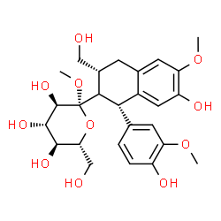 ChemSpider 2D Image | Methyl 1-C-[(1S,3R)-7-hydroxy-1-(4-hydroxy-3-methoxyphenyl)-3-(hydroxymethyl)-6-methoxy-1,2,3,4-tetrahydro-2-naphthalenyl]-beta-D-glucopyranoside | C26H34O11