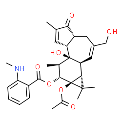 ChemSpider 2D Image | (1aR,1bS,4aR,7aR,7bR,8R,9R,9aS)-9a-Acetoxy-7b-hydroxy-3-(hydroxymethyl)-1,1,6,8-tetramethyl-5-oxo-1a,1b,4,4a,5,7a,7b,8,9,9a-decahydro-1H-cyclopropa[3,4]benzo[1,2-e]azulen-9-yl 2-(methylamino)benzoate | C30H37NO7
