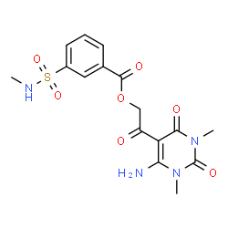 ChemSpider 2D Image | 2-(6-Amino-1,3-dimethyl-2,4-dioxo-1,2,3,4-tetrahydro-5-pyrimidinyl)-2-oxoethyl 3-(methylsulfamoyl)benzoate | C16H18N4O7S