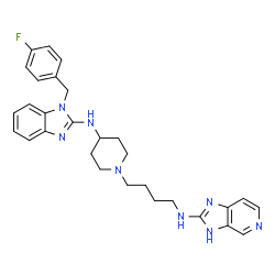 ChemSpider 2D Image | N-[4-(4-{[1-(4-Fluorobenzyl)-1H-benzimidazol-2-yl]amino}-1-piperidinyl)butyl]-3H-imidazo[4,5-c]pyridin-2-amine | C29H33FN8