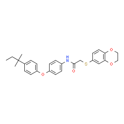 ChemSpider 2D Image | 2-(2,3-Dihydro-1,4-benzodioxin-6-ylsulfanyl)-N-{4-[4-(2-methyl-2-butanyl)phenoxy]phenyl}acetamide | C27H29NO4S