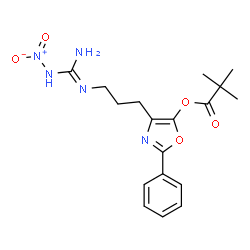 ChemSpider 2D Image | 4-(3-{(E)-[Amino(nitroamino)methylene]amino}propyl)-2-phenyl-1,3-oxazol-5-yl pivalate | C18H23N5O5