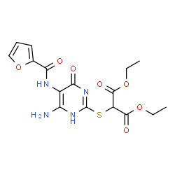ChemSpider 2D Image | Diethyl {[6-amino-5-(2-furoylamino)-4-oxo-1,4-dihydro-2-pyrimidinyl]sulfanyl}malonate | C16H18N4O7S