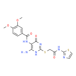 ChemSpider 2D Image | N-(6-Amino-4-oxo-2-{[2-oxo-2-(1,3-thiazol-2-ylamino)ethyl]sulfanyl}-1,4-dihydro-5-pyrimidinyl)-3,4-dimethoxybenzamide | C18H18N6O5S2