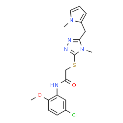 ChemSpider 2D Image | N-(5-Chloro-2-methoxyphenyl)-2-({4-methyl-5-[(1-methyl-1H-pyrrol-2-yl)methyl]-4H-1,2,4-triazol-3-yl}sulfanyl)acetamide | C18H20ClN5O2S