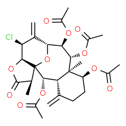 ChemSpider 2D Image | (2S,3S,7S,8R,9R,10R,11R,13S,14R,17R)-13-Chloro-8,17-dimethyl-4,12-bis(methylene)-16-oxo-15,18-dioxatetracyclo[9.6.1.0~1,14~.0~3,8~]octadecane-2,7,9,10-tetrayl tetraacetate | C28H35ClO11