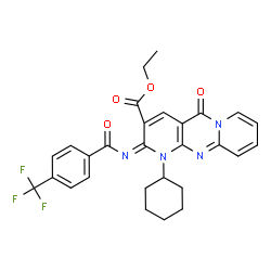 ChemSpider 2D Image | Ethyl (2E)-1-cyclohexyl-5-oxo-2-{[4-(trifluoromethyl)benzoyl]imino}-1,5-dihydro-2H-dipyrido[1,2-a:2',3'-d]pyrimidine-3-carboxylate | C28H25F3N4O4