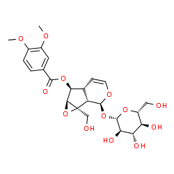 ChemSpider 2D Image | (1aS,1bS,2S,5aR,6S,6aS)-2-(beta-D-Glucopyranosyloxy)-1a-(hydroxymethyl)-1a,1b,2,5a,6,6a-hexahydrooxireno[4,5]cyclopenta[1,2-c]pyran-6-yl 3,4-dimethoxybenzoate | C24H30O13