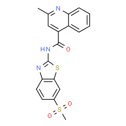 ChemSpider 2D Image | 2-Methyl-N-[6-(methylsulfonyl)-1,3-benzothiazol-2-yl]-4-quinolinecarboxamide | C19H15N3O3S2