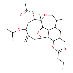 ChemSpider 2D Image | 12,14-Diacetoxy-5,8,11-trimethyl-15-methylene-10,18-dioxatetracyclo[9.7.0.0~2,7~.0~3,17~]octadec-4-yl butyrate | C28H42O8