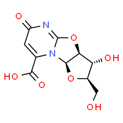 ChemSpider 2D Image | (2R,3R,3aS,9aR)-3-Hydroxy-2-(hydroxymethyl)-6-oxo-2,3,3a,9a-tetrahydro-6H-furo[2',3':4,5][1,3]oxazolo[3,2-a]pyrimidine-8-carboxylic acid | C10H10N2O7
