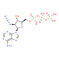 ChemSpider 2D Image | 9-[2-Azido-2-deoxy-5-O-(hydroxy{[hydroxy(phosphonooxy)phosphoryl]oxy}phosphoryl)-beta-D-arabinofuranosyl]-9H-purin-6-amine | C10H15N8O12P3