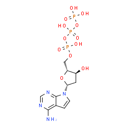 ChemSpider 2D Image | 7-[2-Deoxy-5-O-(hydroxy{[hydroxy(phosphonooxy)phosphoryl]oxy}phosphoryl)-beta-D-erythro-pentofuranosyl]-7H-pyrrolo[2,3-d]pyrimidin-4-amine | C11H17N4O12P3