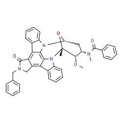 ChemSpider 2D Image | N-[(2R,3S,4S,6R)-17-Benzyl-3-methoxy-2-methyl-16-oxo-29-oxa-1,7,17-triazaoctacyclo[12.12.2.1~2,6~.0~7,28~.0~8,13~.0~15,19~.0~20,27~.0~21,26~]nonacosa-8,10,12,14,19,21,23,25,27-nonaen-4-yl]-N-methylben
zamide | C42H36N4O4