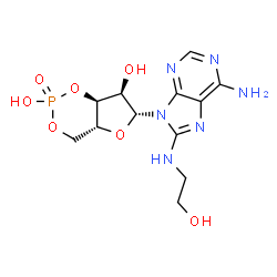 ChemSpider 2D Image | (4aR,6R,7R,7aS)-6-{6-Amino-8-[(2-hydroxyethyl)amino]-9H-purin-9-yl}tetrahydro-4H-furo[3,2-d][1,3,2]dioxaphosphinine-2,7-diol 2-oxide | C12H17N6O7P