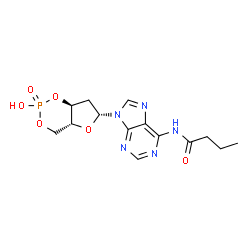 ChemSpider 2D Image | N-{9-[(4aR,6R,7aS)-2-Hydroxy-2-oxidotetrahydro-4H-furo[3,2-d][1,3,2]dioxaphosphinin-6-yl]-9H-purin-6-yl}butanamide | C14H18N5O6P