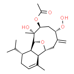 ChemSpider 2D Image | (1R,2R,6R,7R,8R,9R,10S,12S)-12-Hydroperoxy-9-hydroxy-6-isopropyl-3,9-dimethyl-13-methylene-15-oxatricyclo[6.6.1.0~2,7~]pentadec-3-en-10-yl acetate | C22H34O6