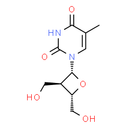 ChemSpider 2D Image | 1-[(2R,3R,4S)-3,4-Bis(hydroxymethyl)-2-oxetanyl]-5-methyl-2,4(1H,3H)-pyrimidinedione | C10H14N2O5